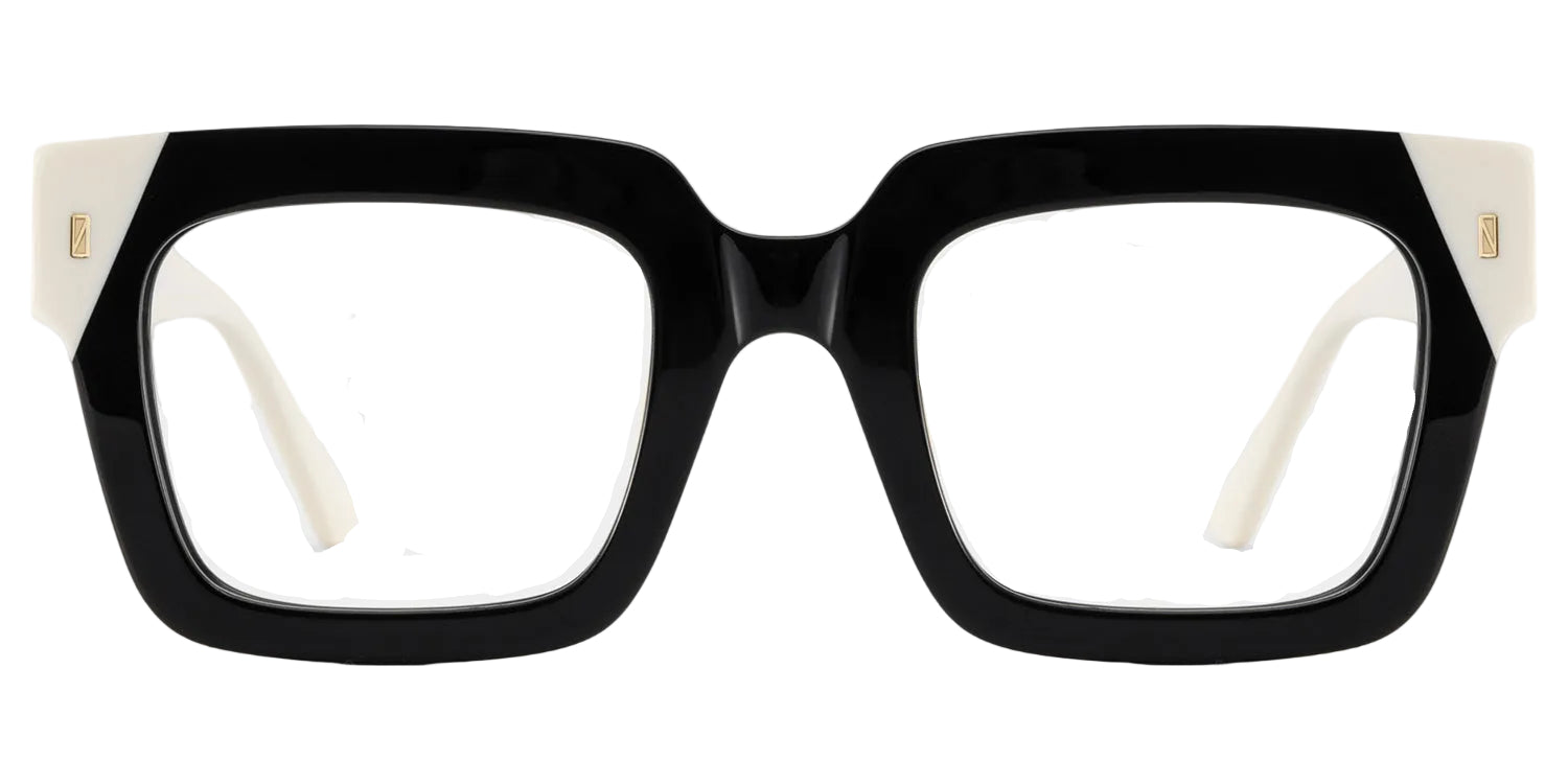 ALLURE BLACK. Lentes unisex graduados oversized de acetato bicolor con frente negro brillante y varillas color marfil, diseño geométrico moderno, elegante y de inspiración fashionista.