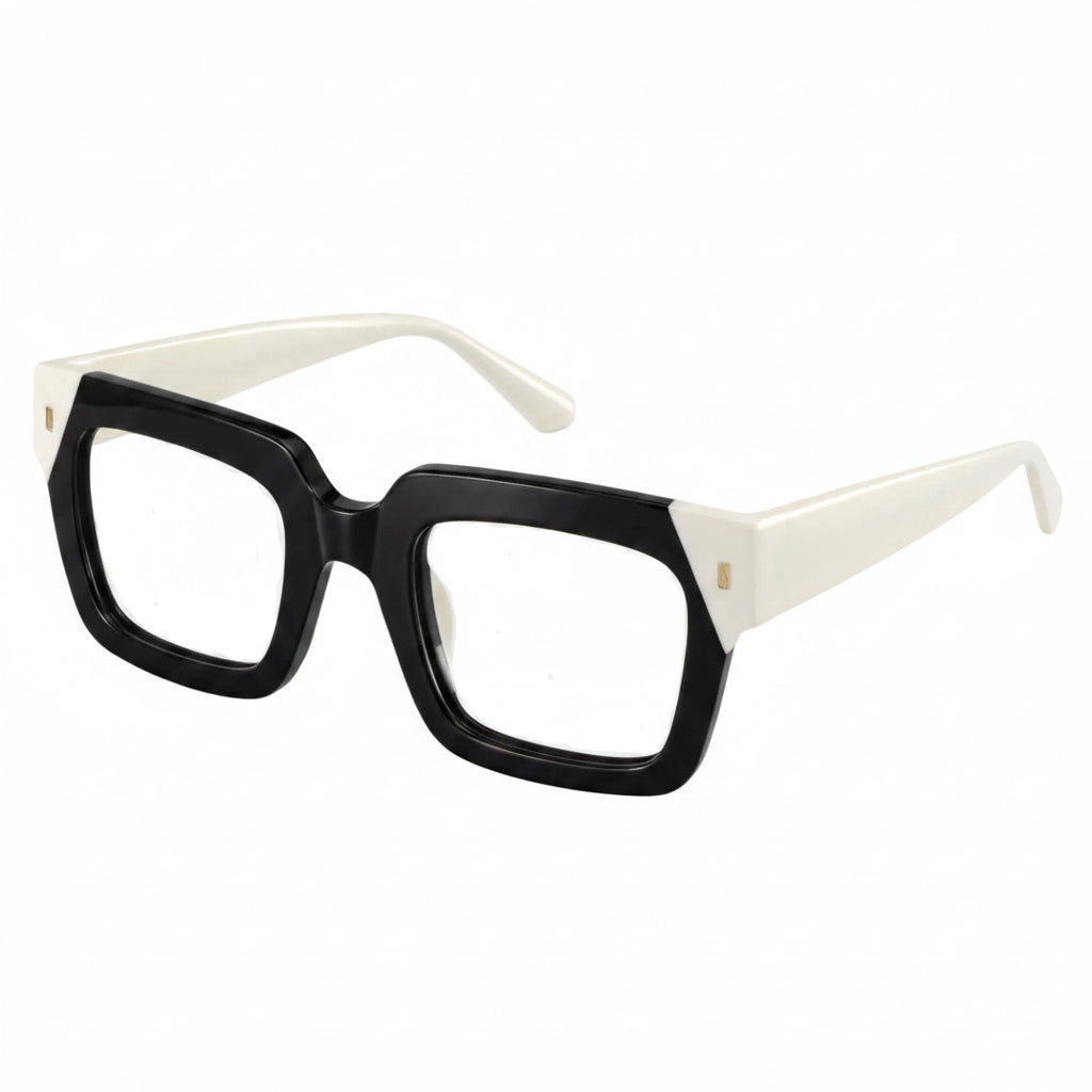 ALLURE BLACK. Lentes unisex graduados oversized de acetato bicolor con frente negro brillante y varillas color marfil, diseño geométrico moderno, elegante y de inspiración fashionista.