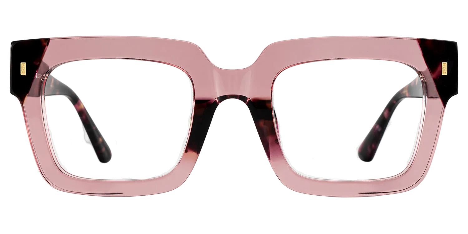 ALLURE WINE. Lentes unisex graduados cuadrados oversized en acetato rosa translúcido con detalles carey en tonos vino y café, diseño elegante, moderno y de inspiración vintage contemporánea.