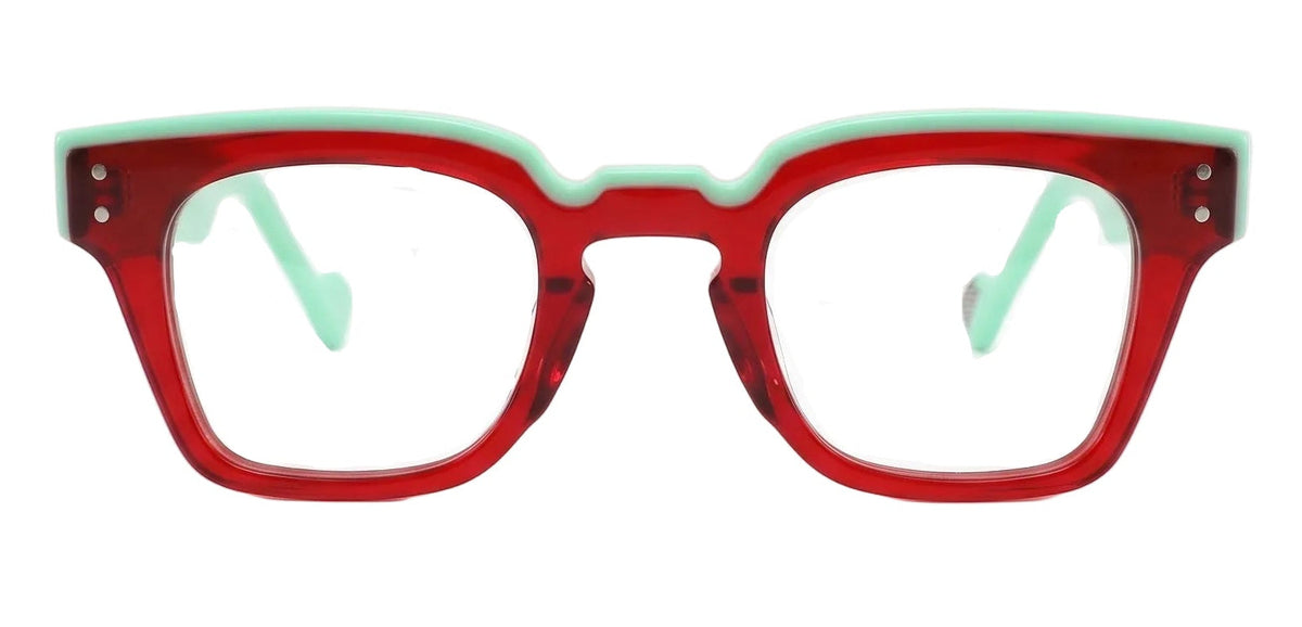BLUMEN es un armazón rectangular que enfrenta dos colores que parecían destinados a no encontrarse: turquesa mate y rojo intenso. El resultado es inesperado