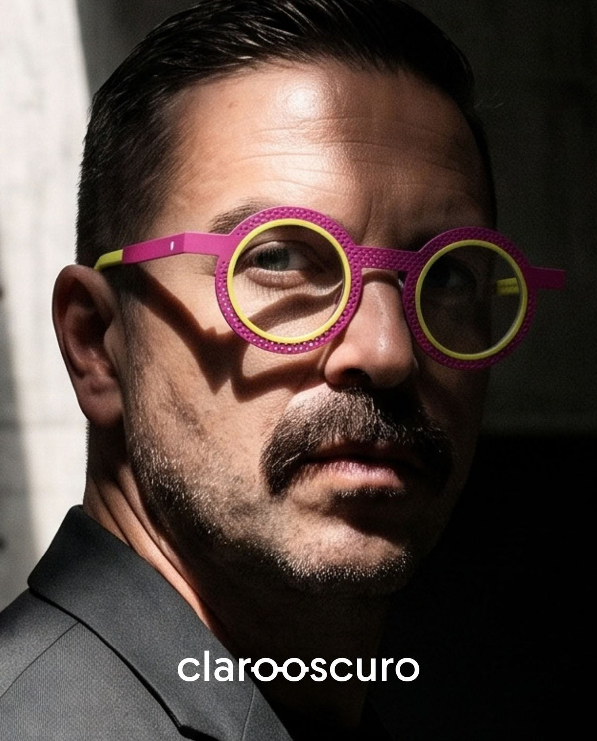 BRITT PINK es un armazón redondo de titanio que enfrenta dos colores destinados a hacerse notar: rosa intenso y amarillo brillante. 
