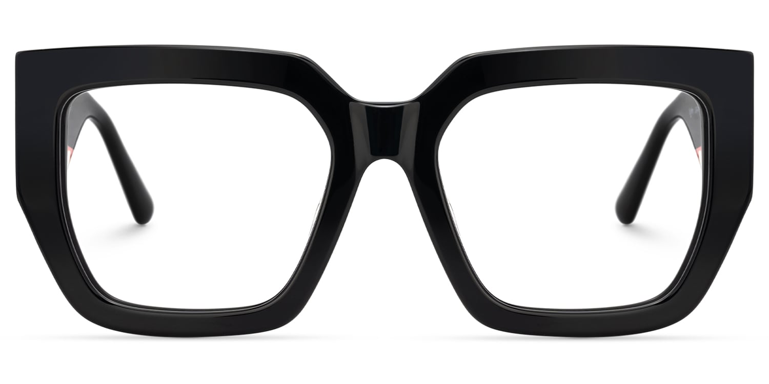 Lentes graduados unisex en acetato negro con diseño geométrico y detalles multicolor en las varillas interiores, una combinación de elegancia contemporánea y estilo creativo.