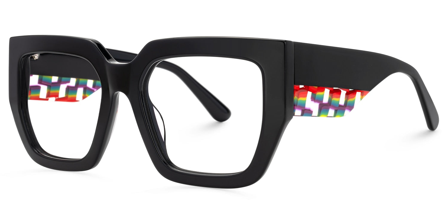 Lentes graduados unisex en acetato negro con diseño geométrico y detalles multicolor en las varillas interiores, una combinación de elegancia contemporánea y estilo creativo.