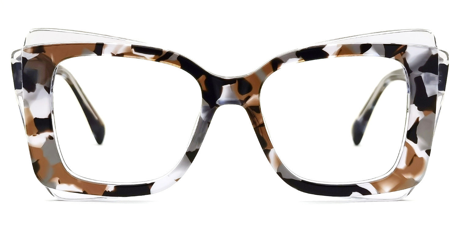 Lentes graduados tipo ojo de gato oversized en acetato translúcido marmoleado en tonos blanco, café y negro. Diseño moderno con efecto carey contemporáneo, ideal para un estilo elegante y vanguardista.