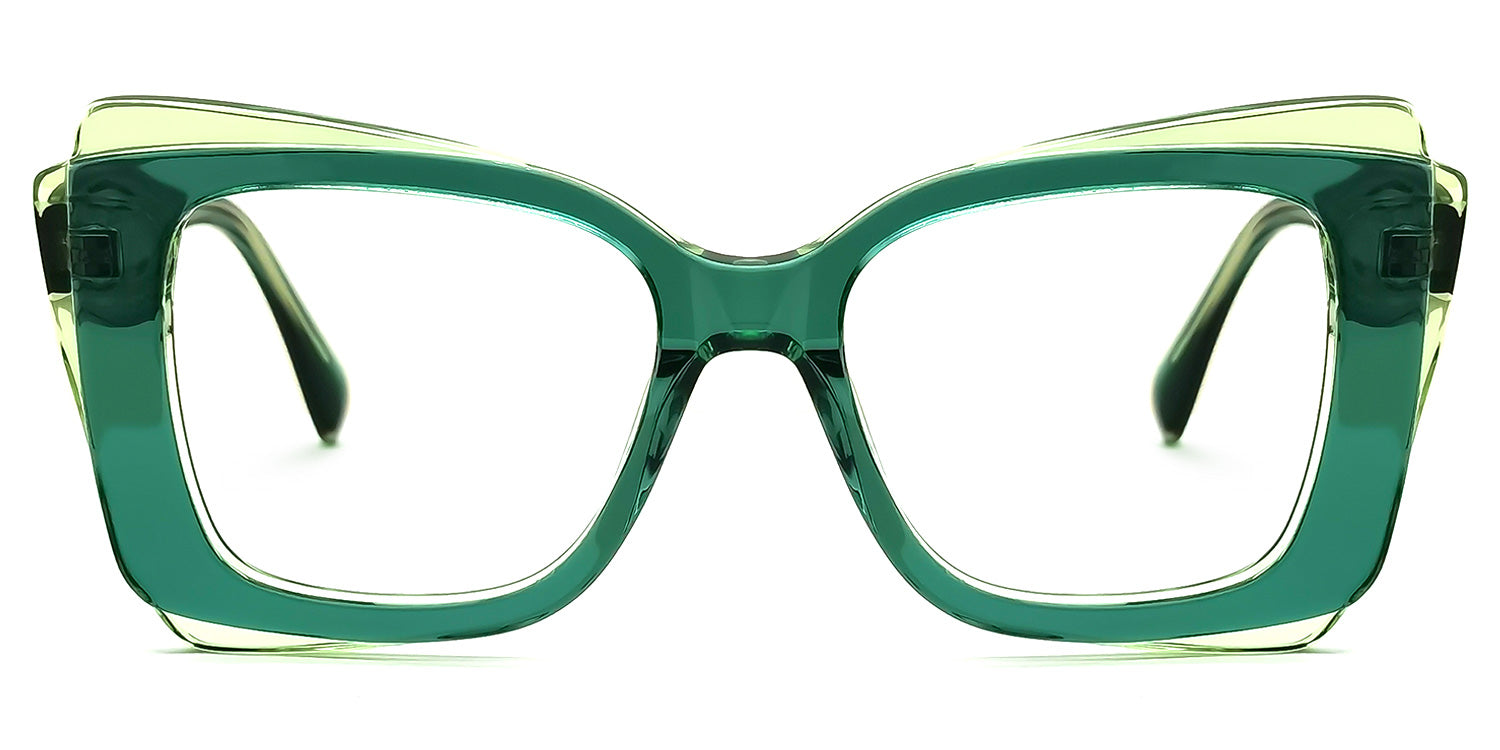 Lentes graduados cuadrados oversized en acetato translúcido verde esmeralda, con diseño moderno, estructura robusta y acabado transparente que aporta un estilo sofisticado y vanguardista.