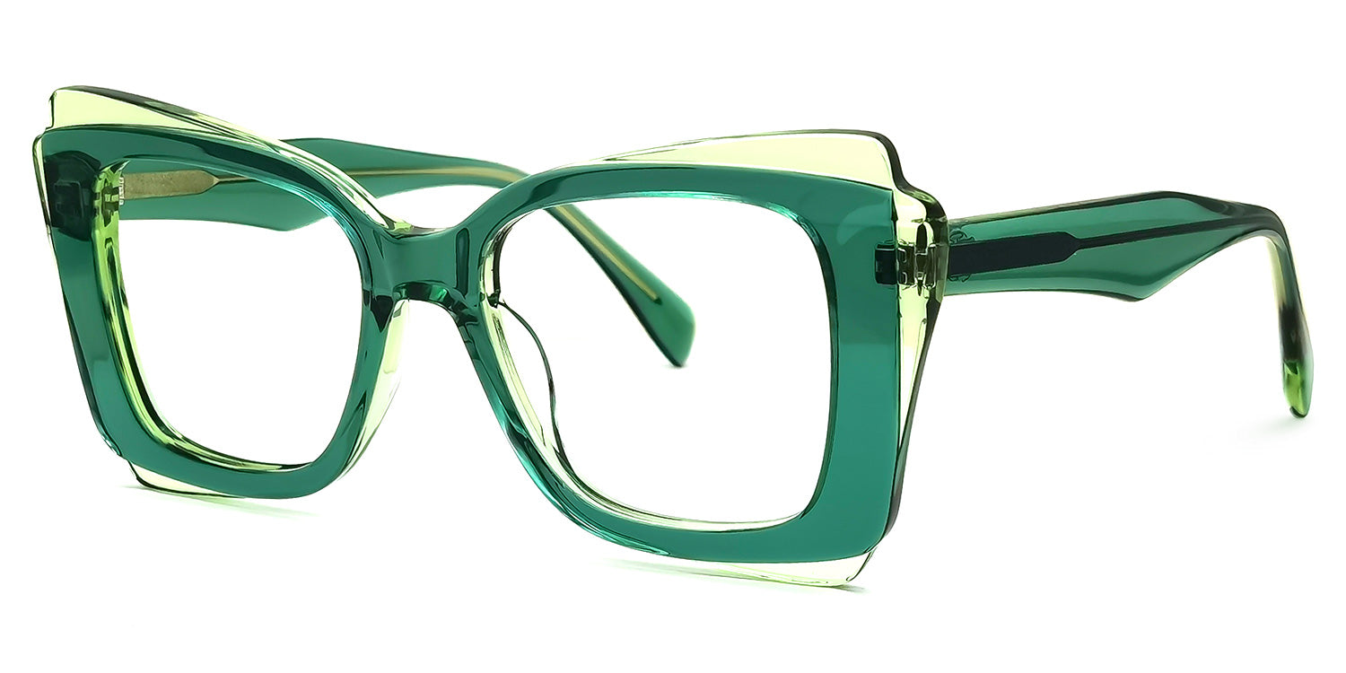 Lentes graduados cuadrados oversized en acetato translúcido verde esmeralda, con diseño moderno, estructura robusta y acabado transparente que aporta un estilo sofisticado y vanguardista.