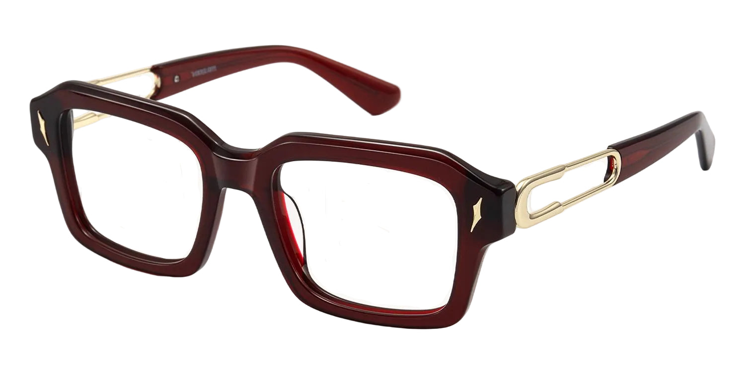 Lentes graduados rectangulares oversized en acetato color vino translúcido con varillas metálicas doradas y diseño moderno. Un armazón elegante, sofisticado y versátil para uso diario.