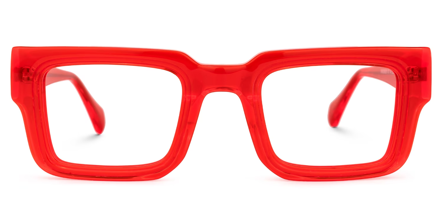 Lente de pasta traslúcida color rojo. Lente rectangular. Lente rojo. Lente para graduar. Lente para computadora