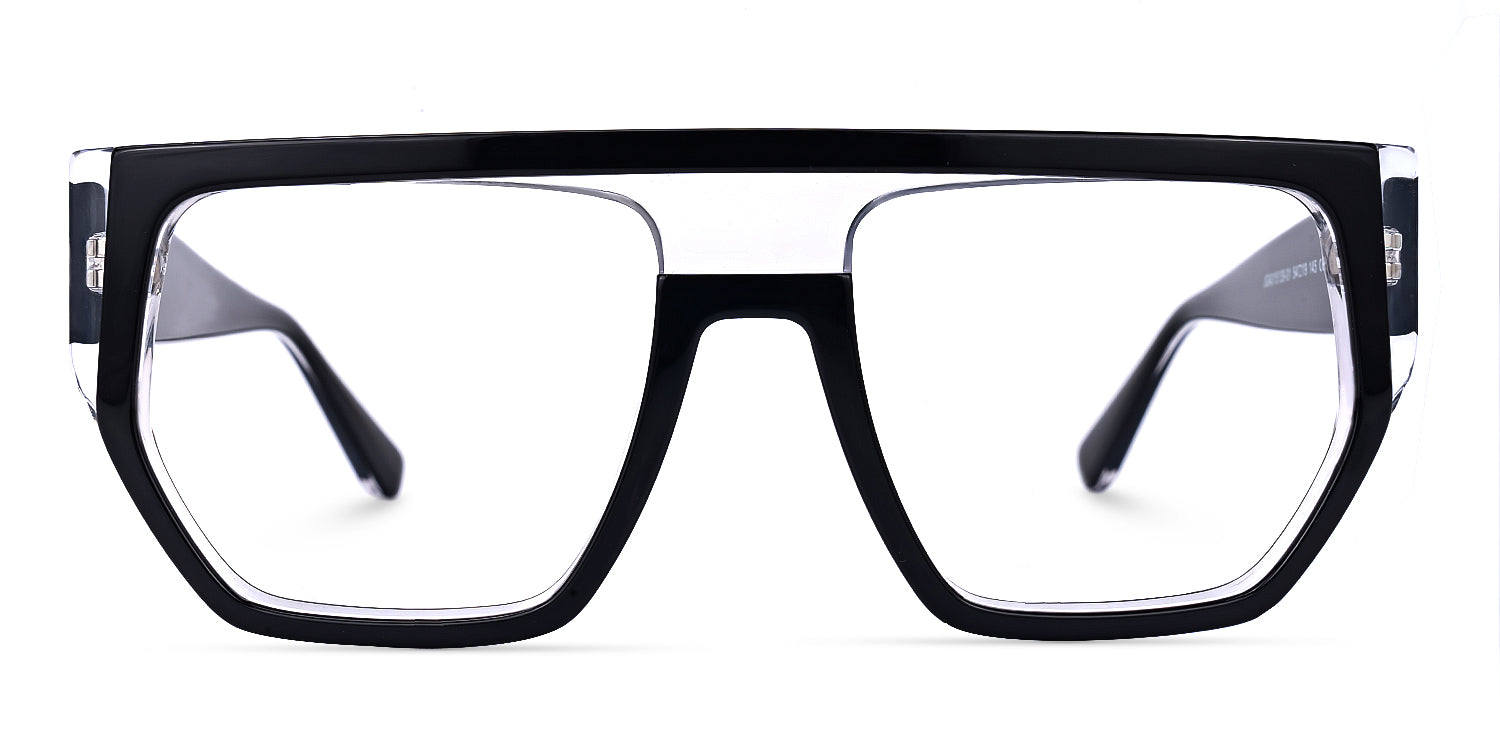 PHANTOM. Lentes para hombre graduados oversized tipo aviador en acetato negro y transparente, con doble puente y diseño geométrico de inspiración contemporánea. Un armazón moderno, elegante y de gran impacto visual.