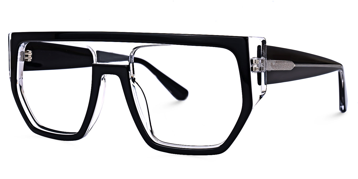 PHANTOM. Lentes para hombre graduados oversized tipo aviador en acetato negro y transparente, con doble puente y diseño geométrico de inspiración contemporánea. Un armazón moderno, elegante y de gran impacto visual.