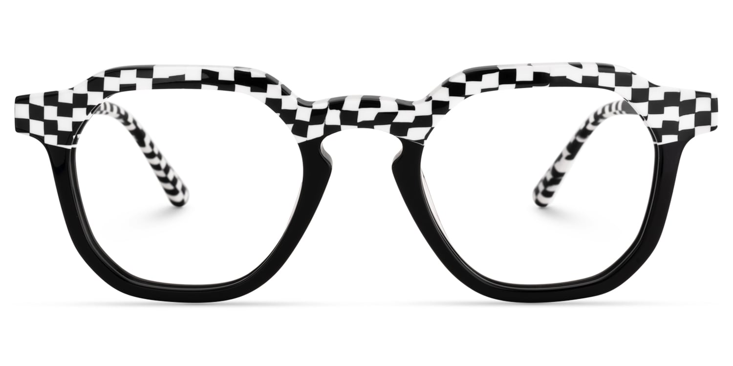 Lentes graduados cuadrados en acetato negro con patrón ajedrez blanco y negro en el frente y varillas. Diseño contemporáneo, llamativo y de inspiración gráfica para un estilo único.