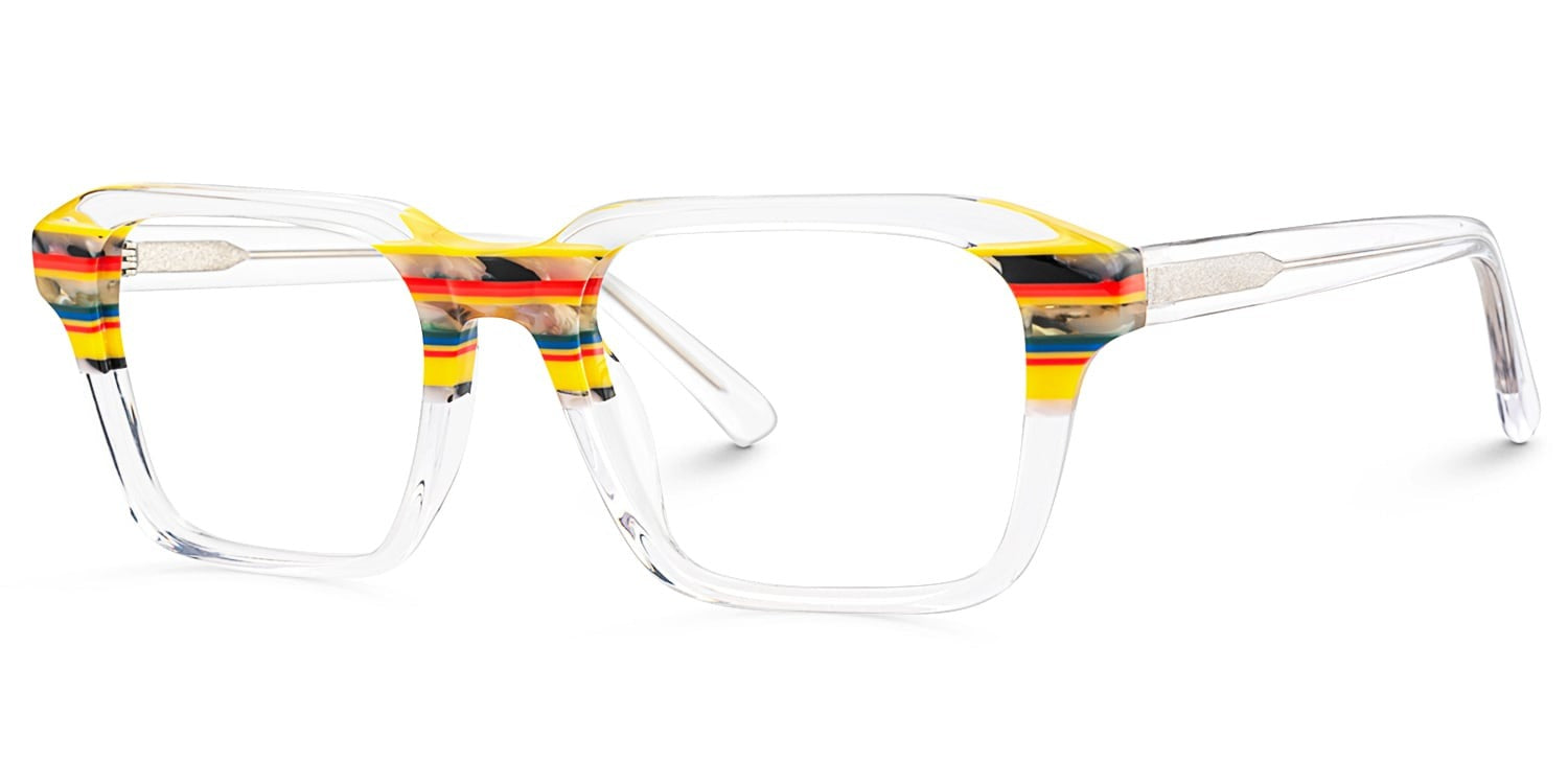 SUNRISE. Lentes graduados de acetato transparente con diseño cuadrado oversized y detalles multicolor en amarillo, rojo, azul y negro en la parte superior del armazón.