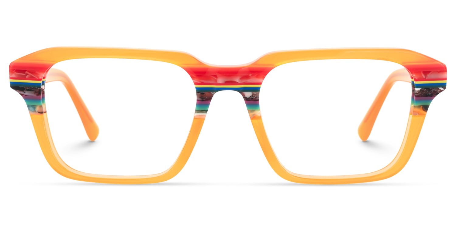 Lentes unisex graduados cuadrados en acetato translúcido color naranja con detalles multicolor en capas, diseño moderno, llamativo y de inspiración artesanal contemporánea.