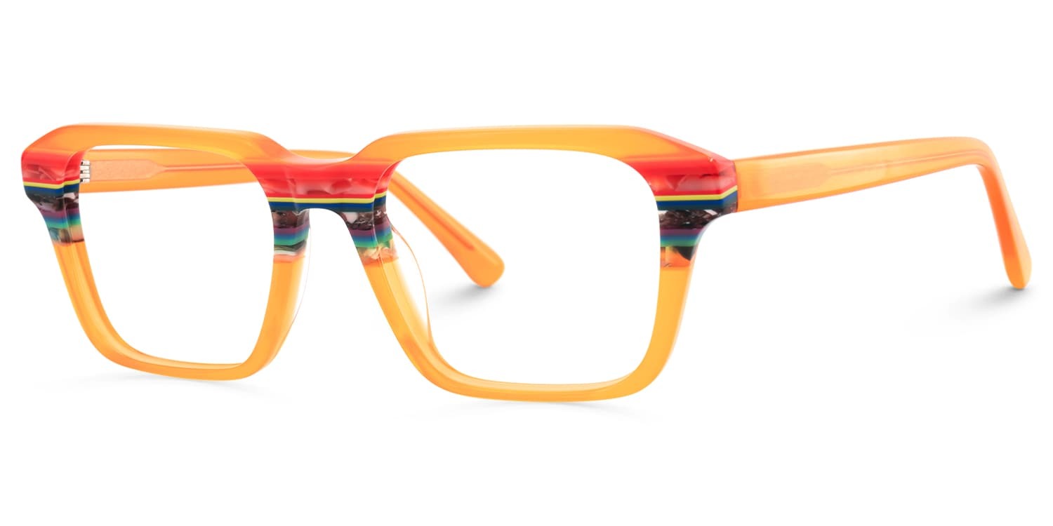 Lentes unisex graduados cuadrados en acetato translúcido color naranja con detalles multicolor en capas, diseño moderno, llamativo y de inspiración artesanal contemporánea.