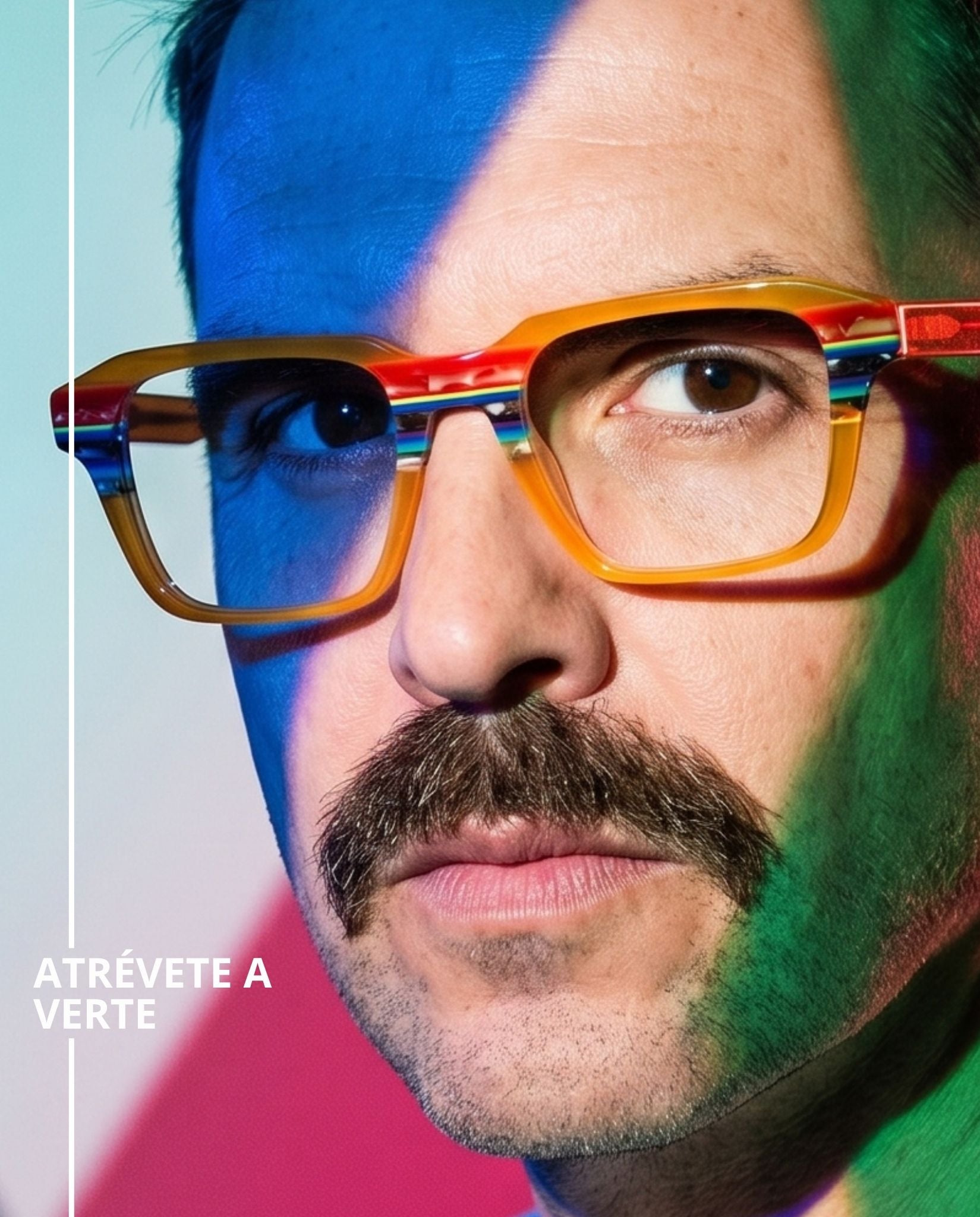 Lentes unisex graduados cuadrados en acetato translúcido color naranja con detalles multicolor en capas, diseño moderno, llamativo y de inspiración artesanal contemporánea.