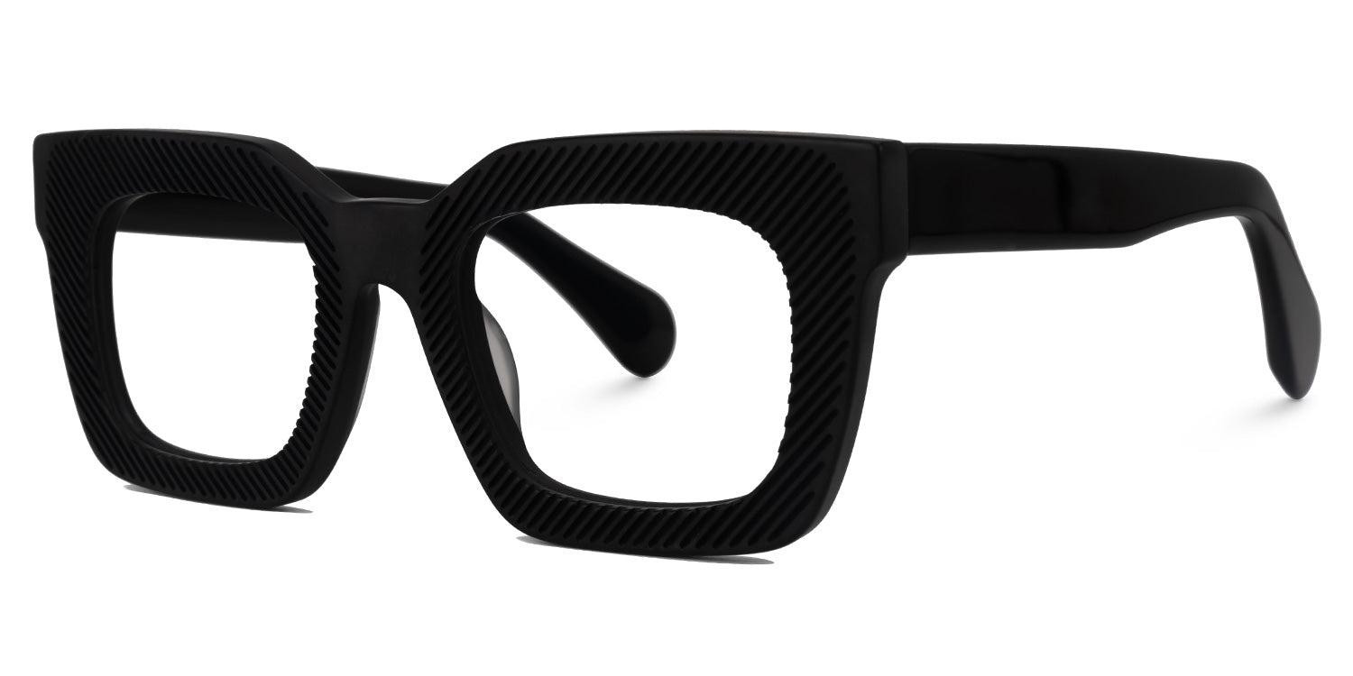 VADER. Lentes graduados cuadrados oversized en acetato negro mate con textura de líneas diagonales grabadas, diseño moderno, elegante y de gran presencia visual.
