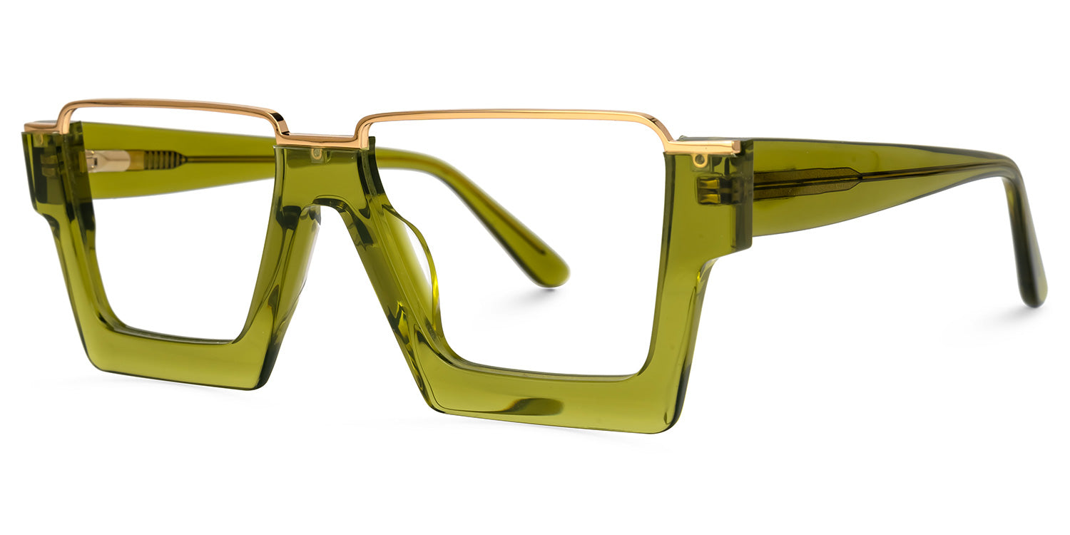 Wabi - Lentes transparentes de pasta verdes y contorno dorado. Lentes Personalizables. Lentescon filtro de luz azul. Lentes formales.