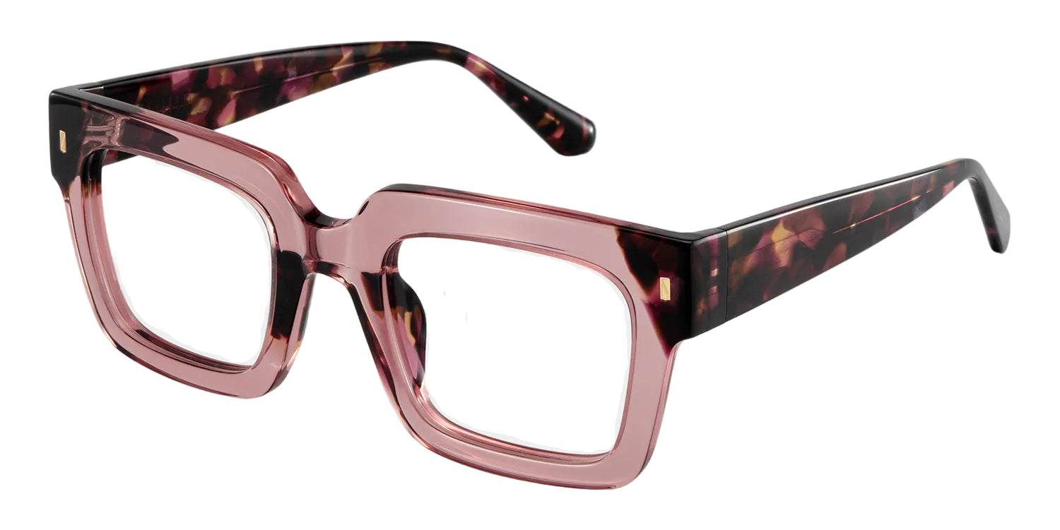 ALLURE WINE. Lentes unisex graduados cuadrados oversized en acetato rosa translúcido con detalles carey en tonos vino y café, diseño elegante, moderno y de inspiración vintage contemporánea.